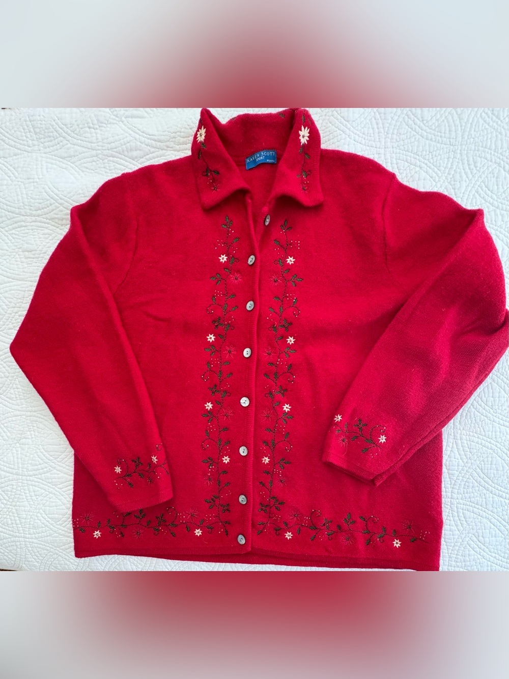 Karen Scott Red Embroidered Holiday Button-Front Cardigan 1X